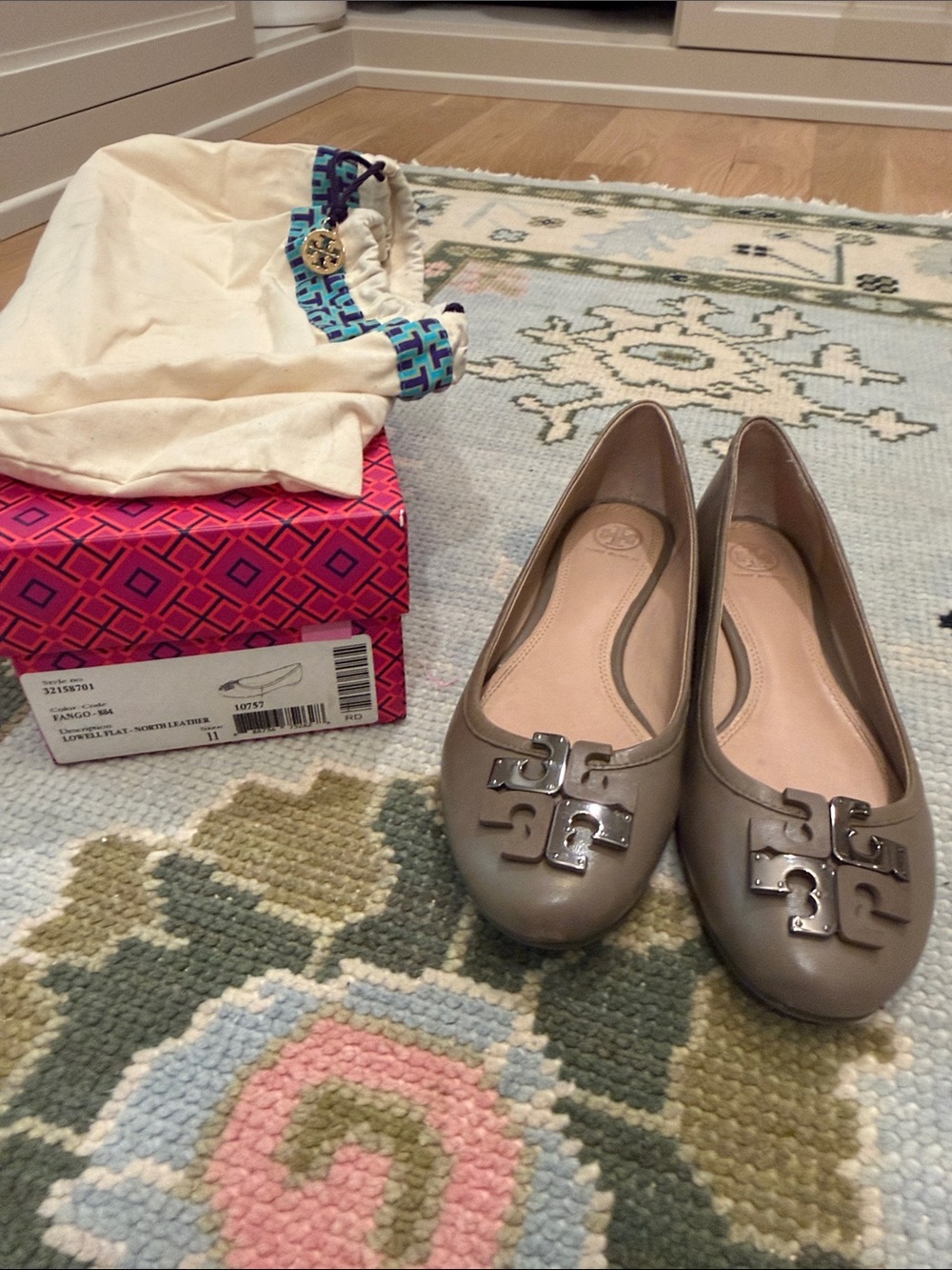 Tory Burch Taupe Leather Logo Ballet Flats